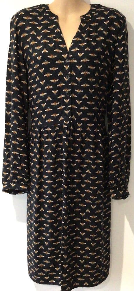 JOULES SOPHIA BLACK BEE PRINT BUTTON SHIRT DRESS SIZE 12