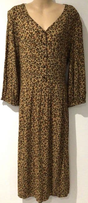 JOULES TAN LEOPARD PRINT BUTTON MIDI TEA DRESS SIZE 16