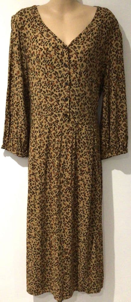 JOULES TAN LEOPARD PRINT BUTTON MIDI TEA DRESS SIZE 16