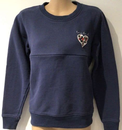 JUNO JACKS BLUE APPLIQUÉ LOVE DRUNK ZIP NURSING SWEATSHIRT SIZE S 8/10