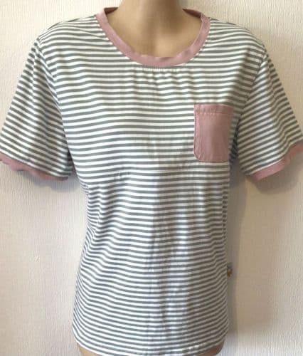 JUNO JACKS MOLLY KHAKI/PINK STRIPE EMBROIDERED JERSEY NURSING T-SHIRT SIZE 8