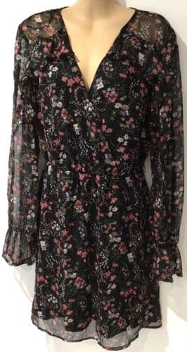 LIPSY BLACK FLORAL WRAP FRILL DRESS BNWT SIZE 14