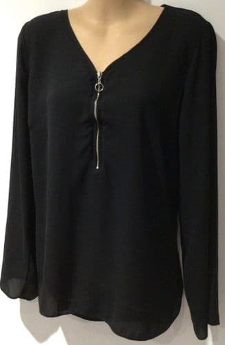 LIPSY BLACK ZIP FRONT BLOUSE TOP SIZE 16