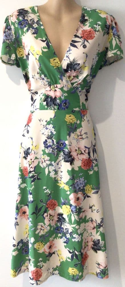 LOVE FLORAL PRINT WRAP OCCASION MIDI DRESS SIZE 12
