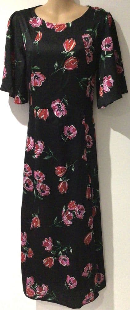 LYLA & LECHE BLACK/PINK FLORAL TIE BACK MIDI NURSING DRESS SIZE 12
