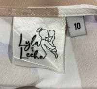 LYLA & LECHE WHITE/MOCHA PRINT MIDI NURSING DRESS SIZE 10