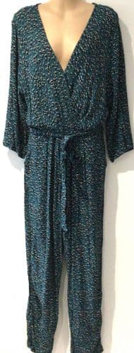 M&CO TEAL LEOPARD WRAP JUMPSUIT SIZE 18