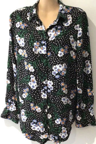 M&S BLACK FLORAL BUTTON JERSEY SHIRT SIZE 12