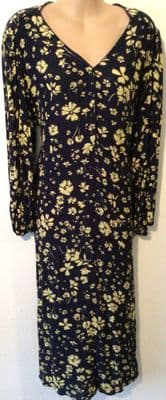M&S NAVY/LEMON FLORAL PRINT CRINKLE MIDI DRESS SIZE 16