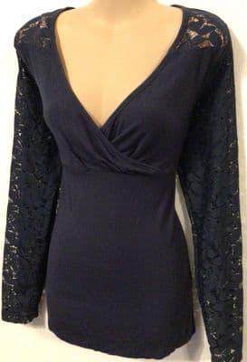 MAMALICIOUS NAVY LACE LONG SLEEVED NURSING TOP L 14