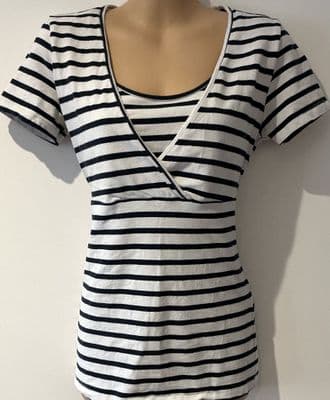 MAMALICIOUS WHITE/NAVY STRIPE JERSEY NURSING TOP SIZE M 12