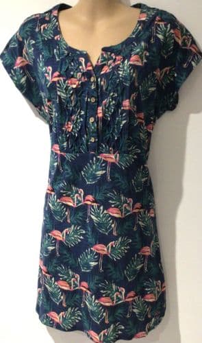 MANTARAY BLUE PALM FLAMINGO BUTTON TUNIC DRESS NEW SIZE 10