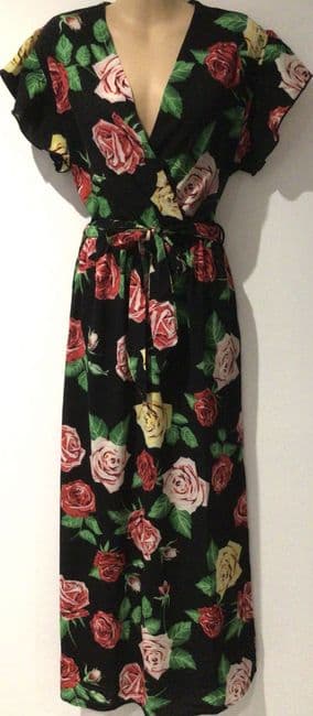 MELA LOVES LONDON BLACK FLORAL WRAP MAXI DRESS SIZE 16