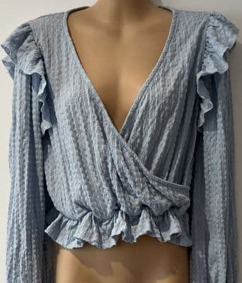 MONKI PALE BLUE FRILL LONG SLEEVED WRAP CROPPED TOP SIZE S 10