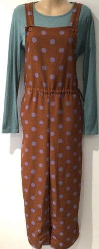 MONKI TOFFEE & LILAC SPOT WIDE CROP LEG DUNGAREES SIZE S 10