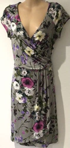 MONSOON GREY FLORAL WRAP MIDI OCCASION DRESS SIZE 10
