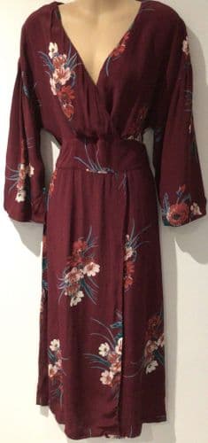 MONSOON MAROON FLORAL WRAP OCCASION DRESS SIZE 12