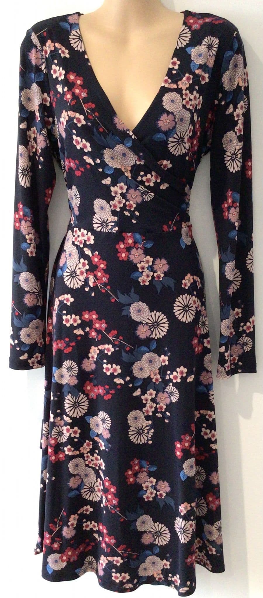 MONSOON NAVY FLORAL OCCASION WRAP MIDI DRESS SIZE 12/14