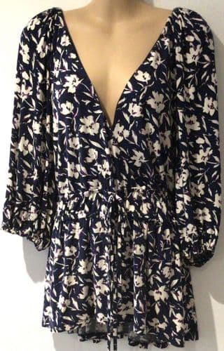 MONSOON NAVY FLORAL WRAP JERSEY TOP SIZE L 16/18
