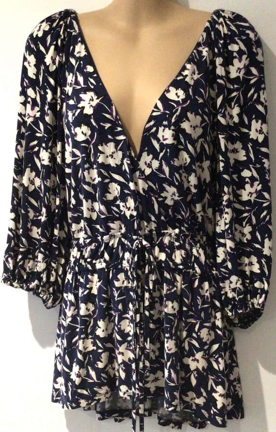 MONSOON NAVY FLORAL WRAP JERSEY TOP SIZE L 16/18