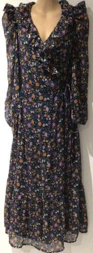 MYSTIC THREADS NAVY FLORAL FRILL OCCASION WRAP DRESS SIZE L 12/14