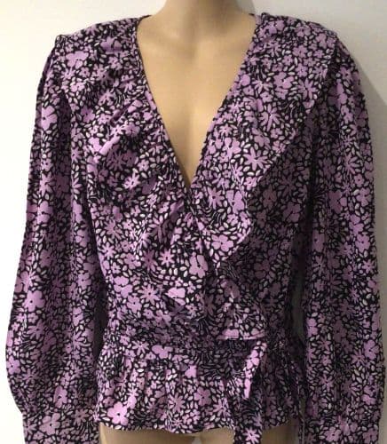 NEW LOOK BLACK/LILAC FLORAL RUFFLE WRAP TOP BNWT SIZE 12