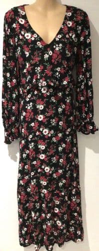 NEW LOOK BLACK/PINK FLORAL MIDI ZIP NURSING DRESS SIZE 14