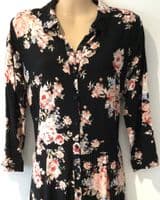 NEW LOOK BLACK/PINK FLORAL PRINT MAXI SHIRT DRESS SIZE 12