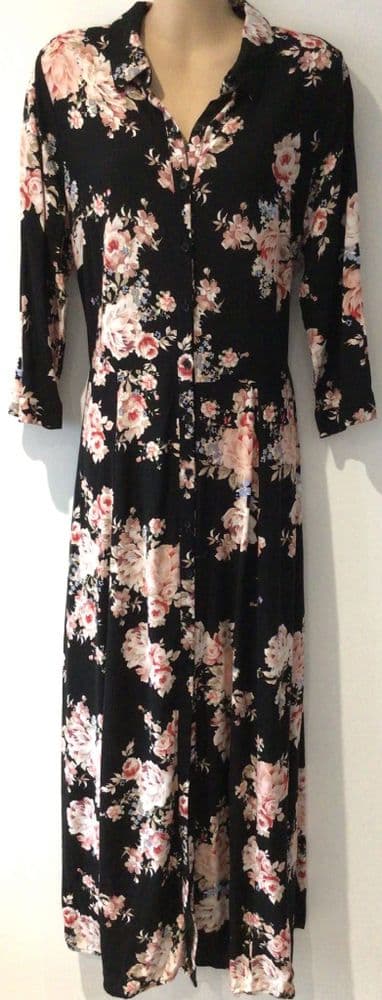 NEW LOOK BLACK/PINK FLORAL PRINT MAXI SHIRT DRESS SIZE 12