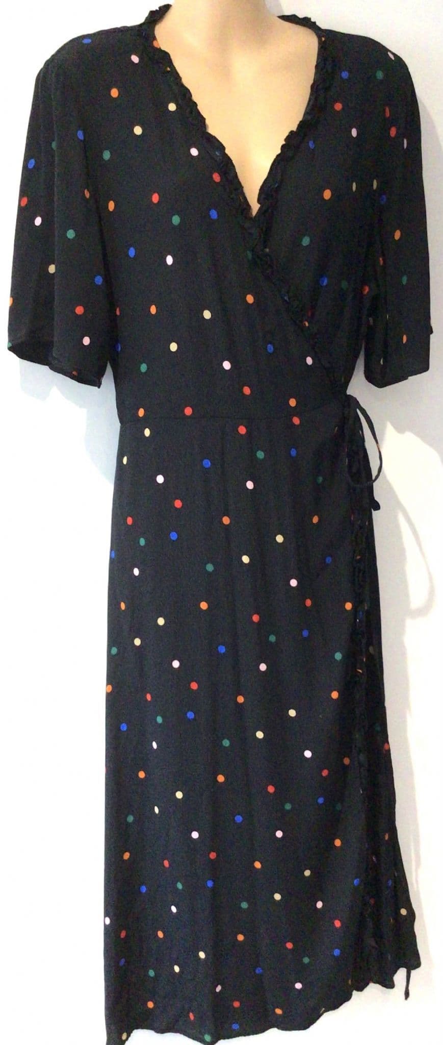 NEW LOOK BLACK RAINBOW SPOTTY WRAP MIDI DRESS SIZE 16