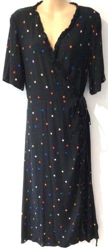 NEW LOOK BLACK RAINBOW SPOTTY WRAP MIDI DRESS SIZE 16