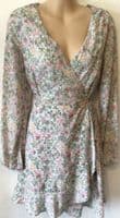 NEW LOOK GREY/PINK FLORAL WRAP DRESS SIZE 14