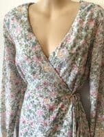 NEW LOOK GREY/PINK FLORAL WRAP DRESS SIZE 14