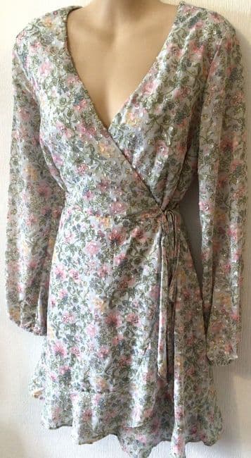 NEW LOOK GREY/PINK FLORAL WRAP MIDI DRESS SIZE 14