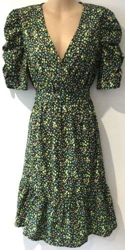 NEW LOOK MATERNITY BLACK/GREEN FLORAL WRAP DRESS SIZE 12