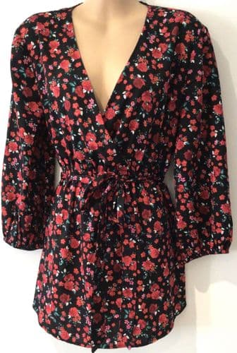 NEW LOOK MATERNITY BLACK ROSE LONG SLEEVED WRAP TOP SIZE 14