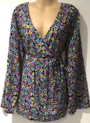 NEW LOOK MATERNITY PURPLE/BLUE FLORAL WRAP BLOUSE TOP SIZE 16