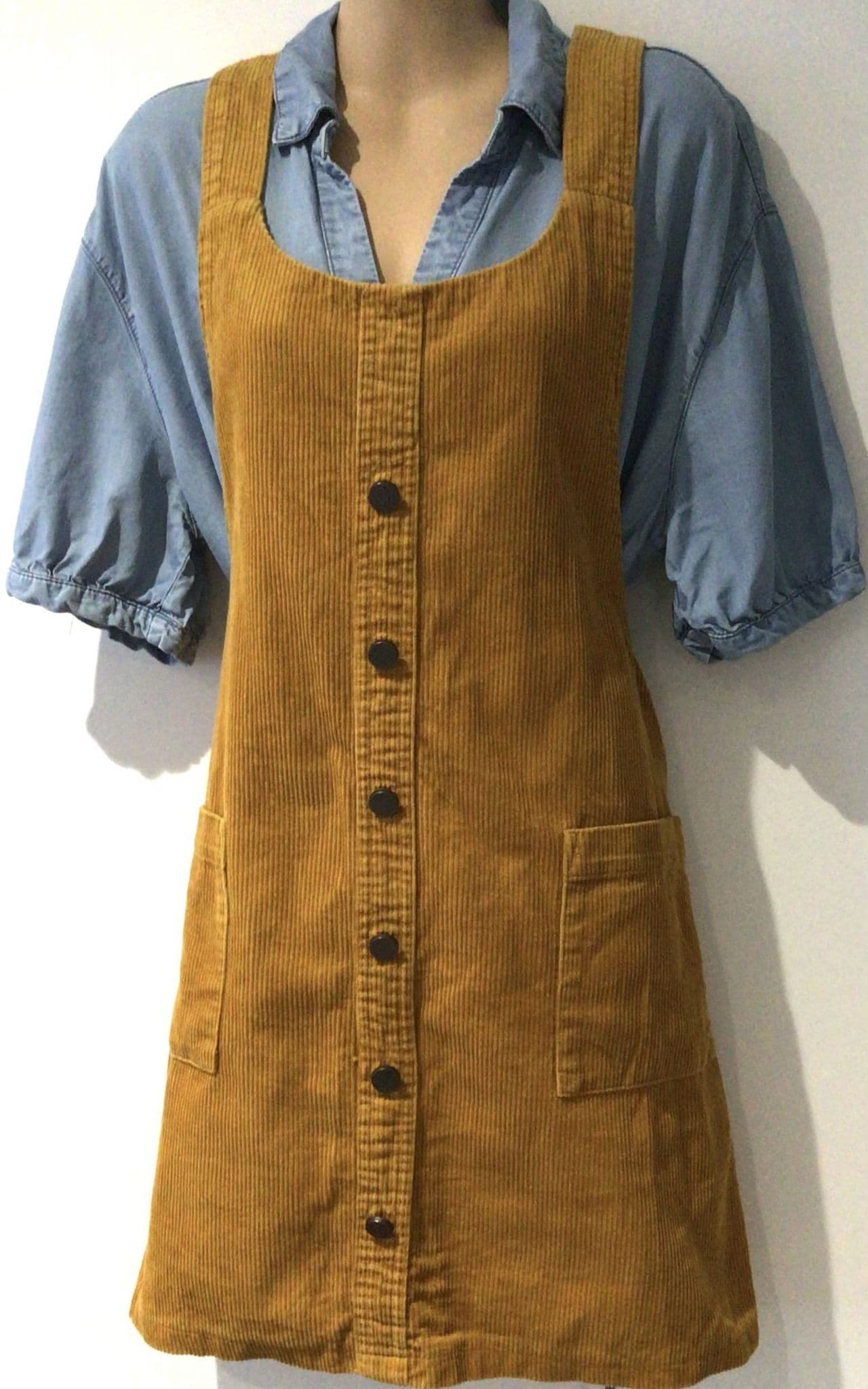 NEW LOOK MUSTARD CORDUROY PINAFORE DUNGAREE DRESS SIZE 16