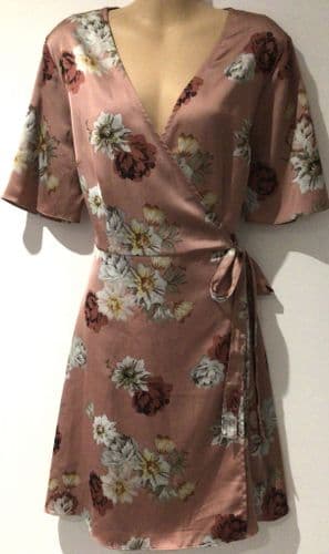 NEW LOOK PINK FLORAL SILKY WRAP DRESS SIZE 12