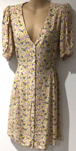 NEW LOOK PINK/YELLOW FLORAL PRINT BUTTON DRESS SIZE 12