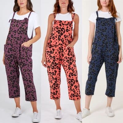 NEW MADE IN ITALY JERSEY LEOPARD CROPPED DUNGAREES SIZES 10-18