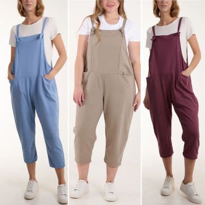 NEW MADE IN ITALY PLAIN BOW JERSEY DUNGAREES SIX COLOURS SIZES 10-18