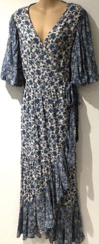 NEXT BLUE/CREAM PAISLEY WRAP MAXI DRESS SIZE 14