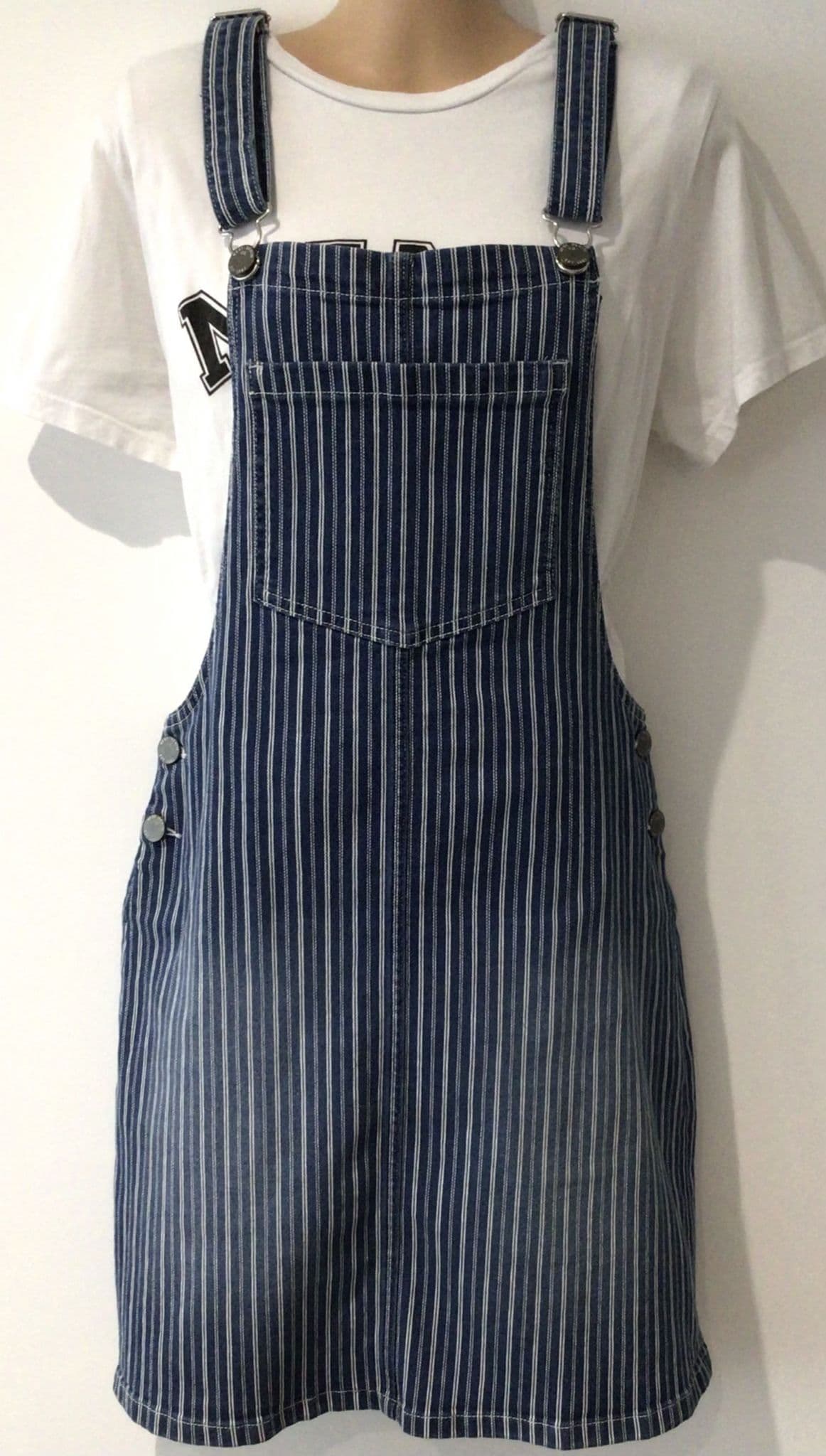 NEXT BLUE PINSTRIPE STRETCH PINAFORE DUNGAREE DRESS SIZE 14