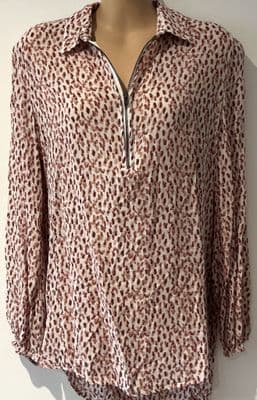 NEXT WHITE/MAROON PRINT ZIP FRONT BLOUSE TOP SIZE 12