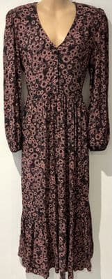 NOBODY’S CHILD BLACK & PINK STAR PRINT BUTTON MIDI DRESS SIZE 10