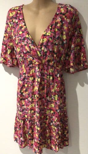 NOBODY’S CHILD PINK/YELLOW FLORAL WRAP TUNIC DRESS SIZE 16