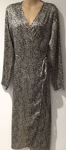 NOBODYS CHILD BEIGE LEOPARD SILKY WRAP MIDI DRESS SIZE 16