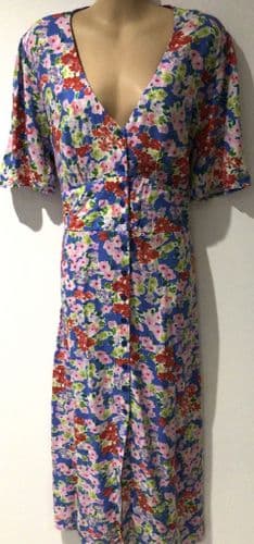 NOBODYS CHILD BLUE/LILAC FLORAL BUTTON MIDAXI TEA DRESS SIZE 16