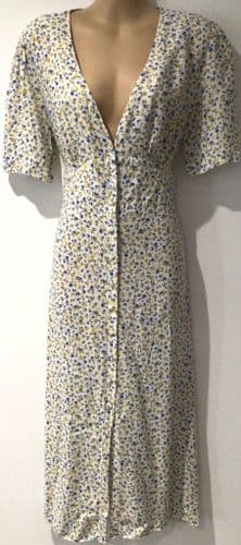 NOBODYS CHILD WHITE/YELLOW DITSY FLORALS BUTTON MIDI DRESS SIZE 12/14